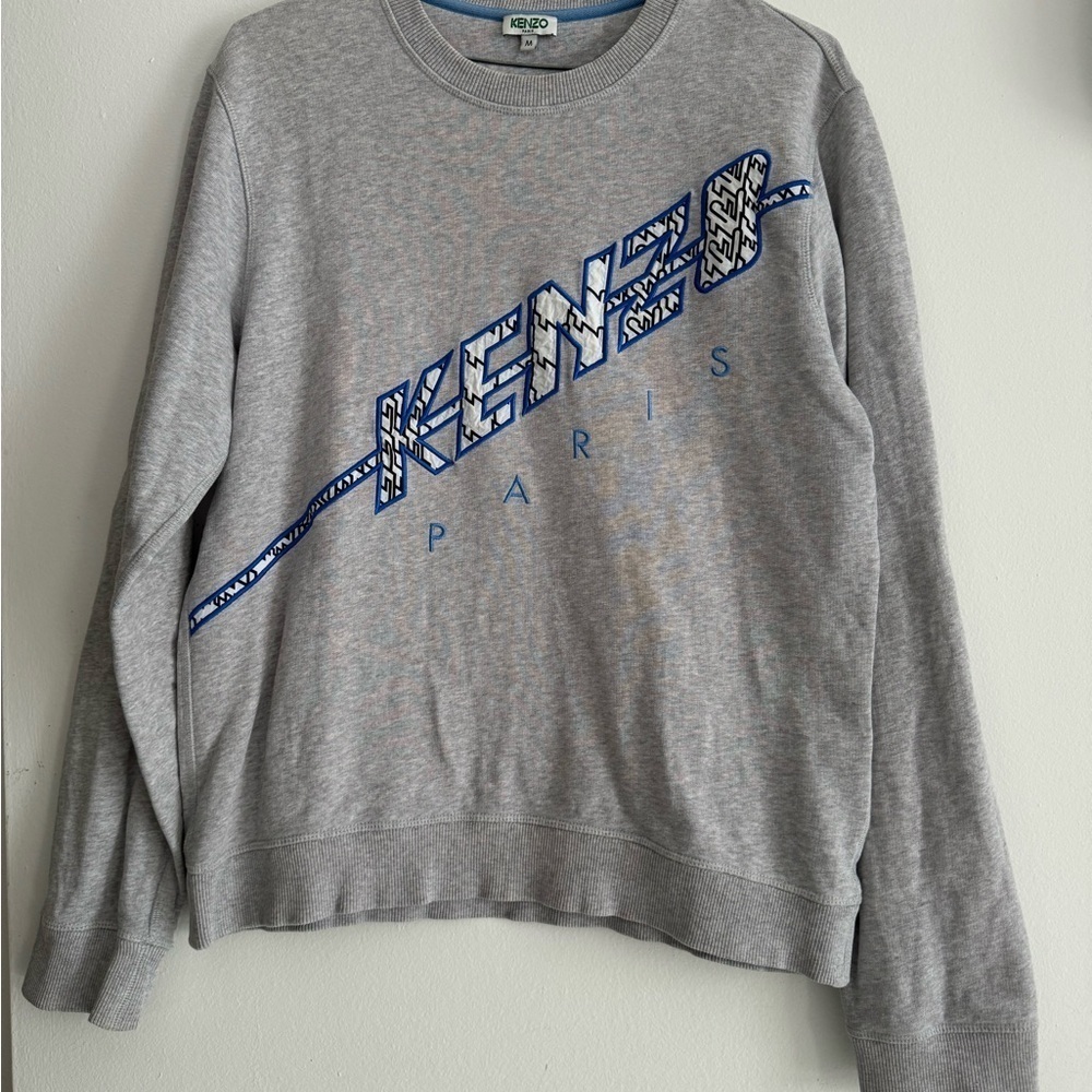 Kenzo Paris Gray Crew Neck Sweater with Blue Logo – Authentic, Unisex, Size M